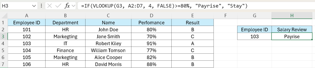 VLOOKUP and IF statement result example