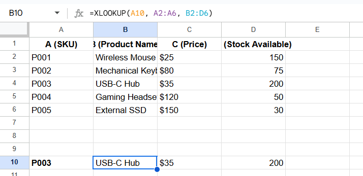 example of xlookup in google sheets