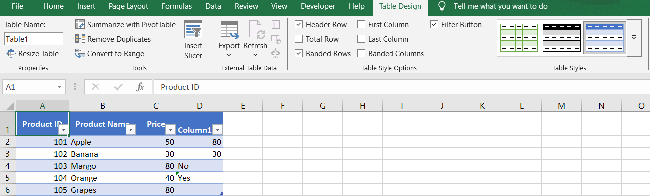 Excel table displaying product information
