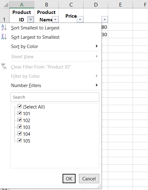 Excel filter options for product data
