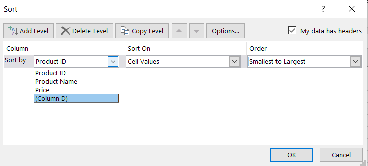 Excel sort options for data organization