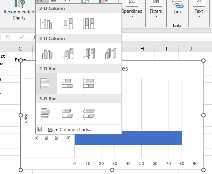 Chart options in spreadsheet software.