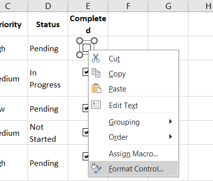 excel to-do list with checkboxes - format control