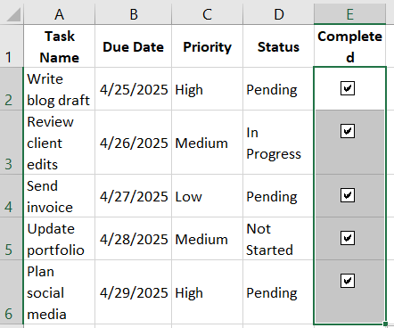 excel to-do list with checkboxes - copy to other cells
