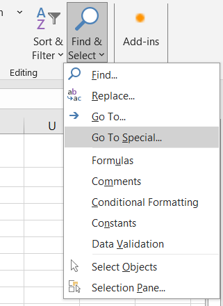 Excel menu for special selection options
