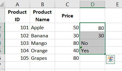 Spreadsheet with product information and prices