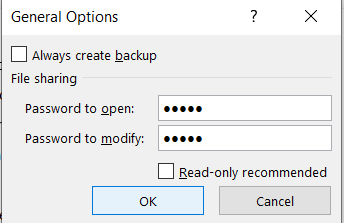 Password settings for file sharing options